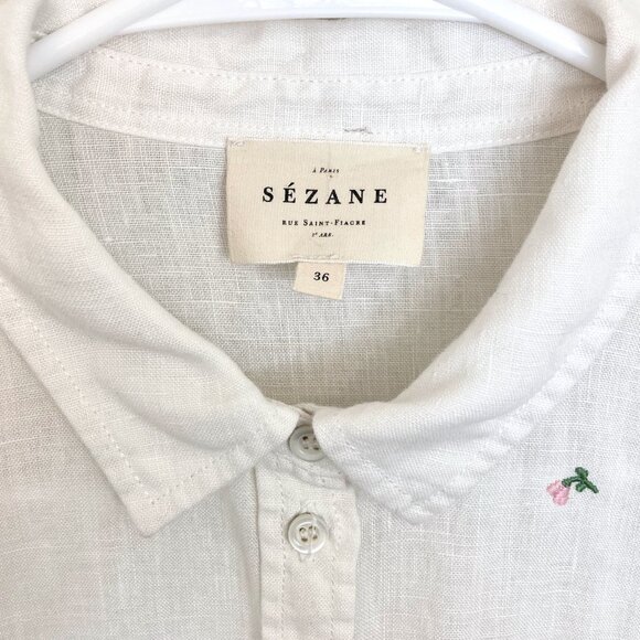 SEZANE Tomboy Embroidered Flower Linen Shirt Button Up White - Picture 6 of 12